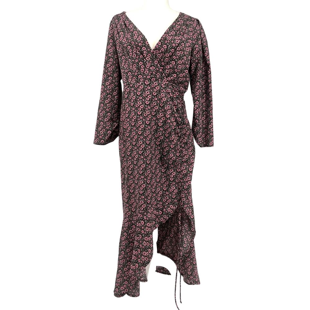 Lush Pink Floral Side Tie Wrap Midi Dress‎ In Black Ditsy size large